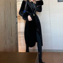 Ladies Black Velvet Turn down Collar Solid Color Trench Overcoat