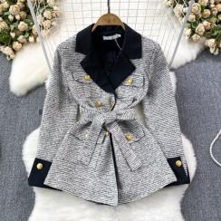 2 pcs Mid-Length Lapel Tied Tweed Overcoat