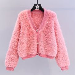 2pcs Beaded Knitted Loose Short V-Neck Knitted Cardigan