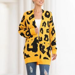 5 pcs Knitted Leopard Jacquard Open Front Coat Outwear Cardigan with Pockets