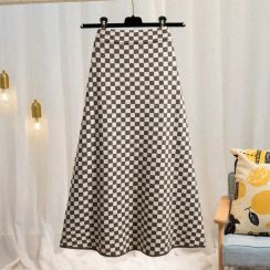 2 pcs Retro Classic Checkerboard Knitted High Waist Mid Length A-Line Big Swing Skirt