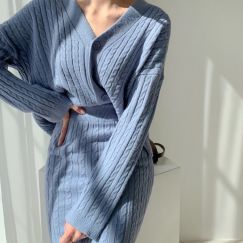 2 pcs Cotton Tender Long Sleeve Two Piece Skirt and Cardigan Sets